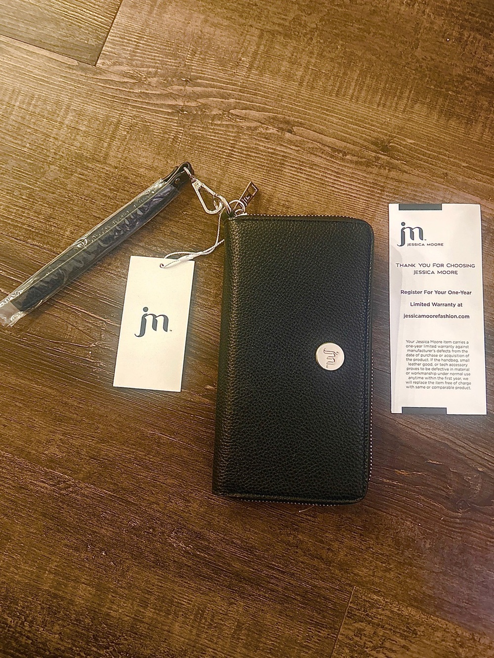 Jessica Moore Black Continental Zip Wallet Wristlet Silver Hardware NWT